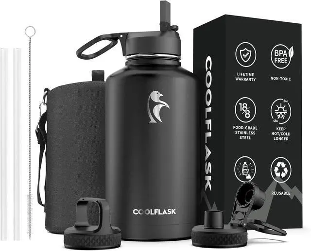 Main image of 64 oz Water Bottle Insulated with Straw & 3 Lids, Coolflask Large Metal Stainless Steel Water Jug Big Half Gallon Wide Mouth for Sports, Gym or Office, Non-BPA Keep Cold 48H Hot 24H, Magic Black