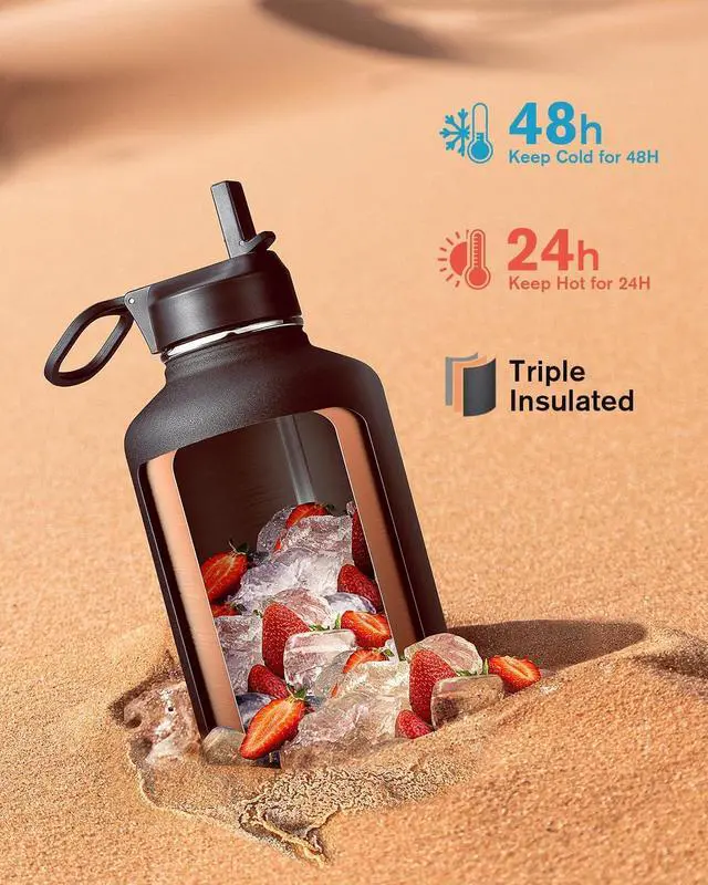 Alt view image 2 of 7 - 64 oz Water Bottle Insulated with Straw & 3 Lids, Coolflask Large Metal Stainless Steel Water Jug Big Half Gallon Wide Mouth for Sports, Gym or Office, Non-BPA Keep Cold 48H Hot 24H, Magic Black