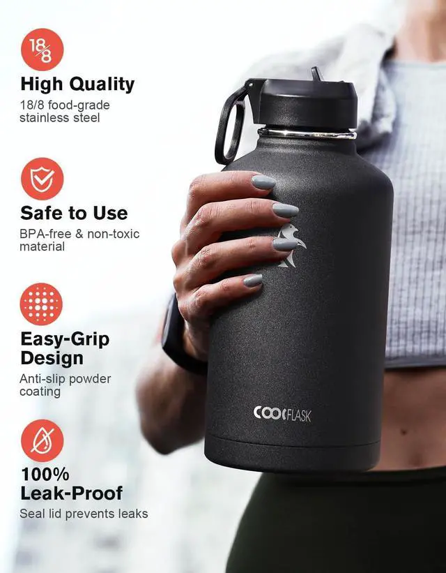 Alt view image 3 of 7 - 64 oz Water Bottle Insulated with Straw & 3 Lids, Coolflask Large Metal Stainless Steel Water Jug Big Half Gallon Wide Mouth for Sports, Gym or Office, Non-BPA Keep Cold 48H Hot 24H, Magic Black