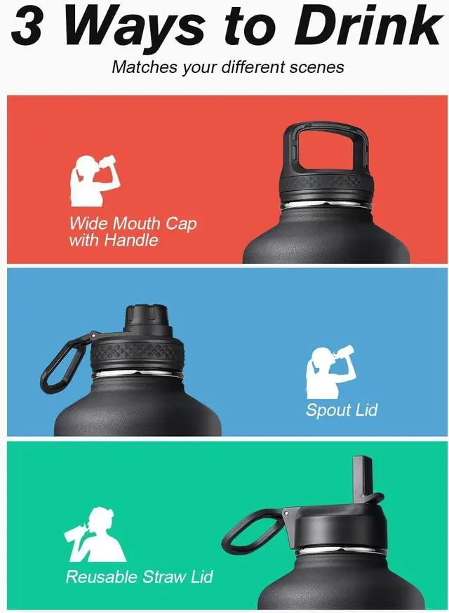 Alt view image 5 of 7 - 64 oz Water Bottle Insulated with Straw & 3 Lids, Coolflask Large Metal Stainless Steel Water Jug Big Half Gallon Wide Mouth for Sports, Gym or Office, Non-BPA Keep Cold 48H Hot 24H, Magic Black