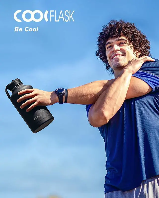 Alt view image 6 of 7 - 64 oz Water Bottle Insulated with Straw & 3 Lids, Coolflask Large Metal Stainless Steel Water Jug Big Half Gallon Wide Mouth for Sports, Gym or Office, Non-BPA Keep Cold 48H Hot 24H, Magic Black