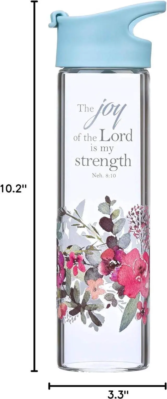 Alt view image 4 of 4 - Christian Art Gifts Reusable Floral Glass Water Bottle with Light Blue Pop-Up Lid for Travel and Beverages - 20 oz Bottle with Inspirational Scripture for Women - The Joy of The Lord -Nehemiah 8:10