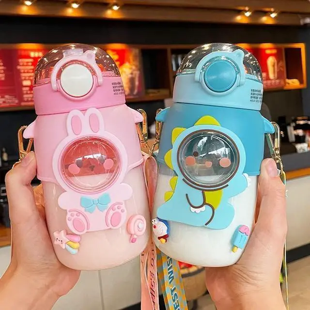 Alt view image 2 of 3 - Kawaii Bear Water Bottle with Straw and Shoulder Strap, 25oz Cute Large Capacity Portable Water Bottles with 3D Stickers for Girls, School (Blue)