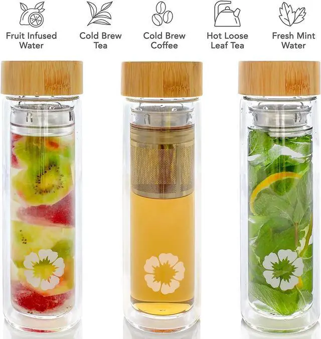 Alt view image 3 of 7 - Teabloom All-Beverage Tumbler  15 oz / 450 ml  Tempered Glass Travel Bottle  Hot and Cold Tea Infuser  Cold-Brew Coffee  Fruit-Infused Water  Tea Tumbler  The Pathfinder