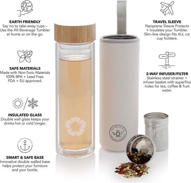 Alt view image 2 of 7 - Teabloom All-Beverage Tumbler  15 oz / 450 ml  Tempered Glass Travel Bottle  Hot and Cold Tea Infuser  Cold-Brew Coffee  Fruit-Infused Water  Tea Tumbler  The Pathfinder