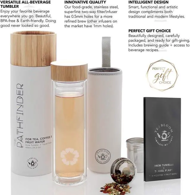 Alt view image 4 of 7 - Teabloom All-Beverage Tumbler  15 oz / 450 ml  Tempered Glass Travel Bottle  Hot and Cold Tea Infuser  Cold-Brew Coffee  Fruit-Infused Water  Tea Tumbler  The Pathfinder