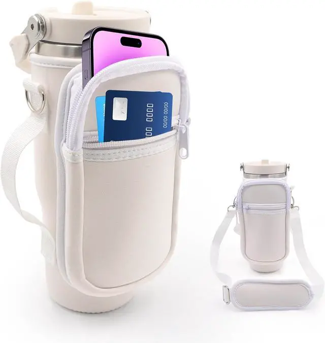 Main image of for Stanley Iceflow Flip Straw Tumbler 30 oz, Water Bottle Cup Holder Cover Carrier Sling Bag with Strap, Pouch Pocket for Phone / Accessories, add Handle for Stanley Flip Straw, Neoprene (White)