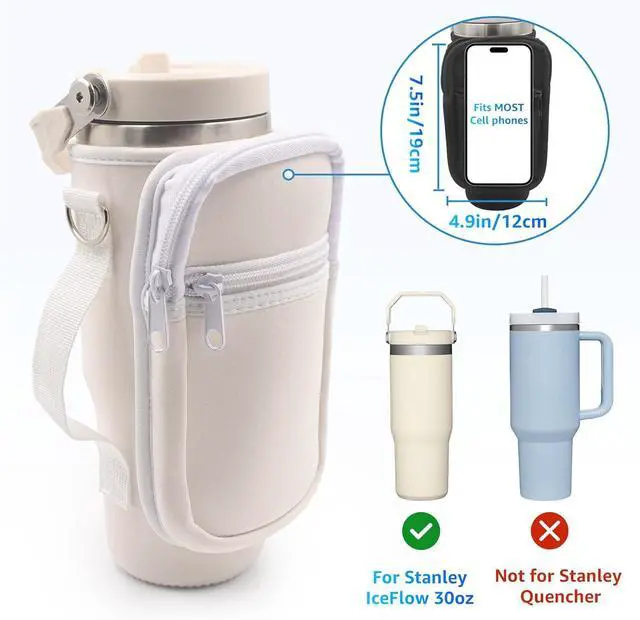 Alt view image 2 of 7 - for Stanley Iceflow Flip Straw Tumbler 30 oz, Water Bottle Cup Holder Cover Carrier Sling Bag with Strap, Pouch Pocket for Phone / Accessories, add Handle for Stanley Flip Straw, Neoprene (White)