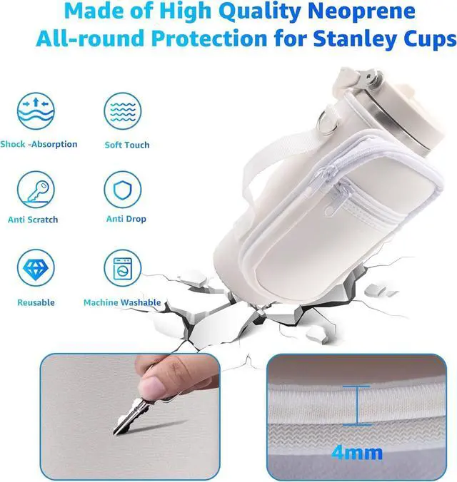 Alt view image 4 of 7 - for Stanley Iceflow Flip Straw Tumbler 30 oz, Water Bottle Cup Holder Cover Carrier Sling Bag with Strap, Pouch Pocket for Phone / Accessories, add Handle for Stanley Flip Straw, Neoprene (White)