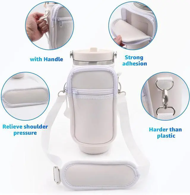 Alt view image 5 of 7 - for Stanley Iceflow Flip Straw Tumbler 30 oz, Water Bottle Cup Holder Cover Carrier Sling Bag with Strap, Pouch Pocket for Phone / Accessories, add Handle for Stanley Flip Straw, Neoprene (White)