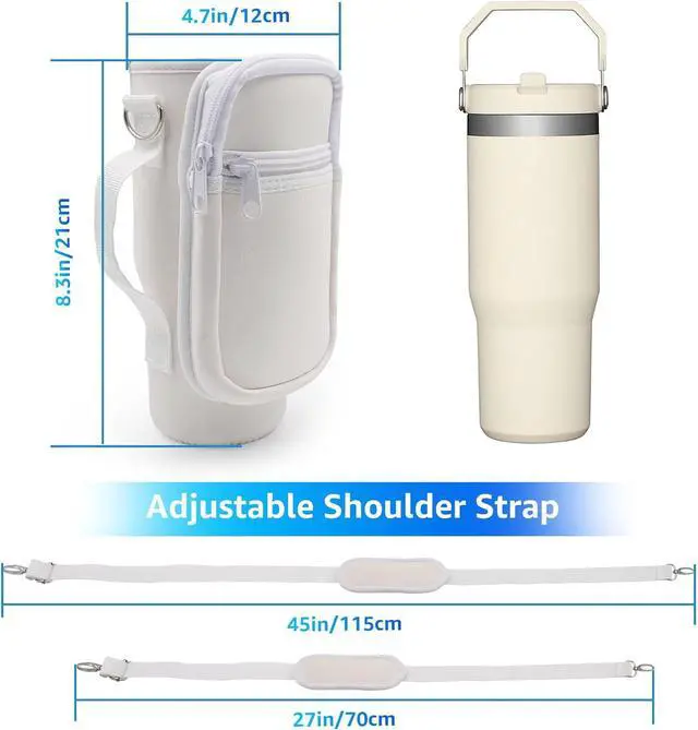 Alt view image 6 of 7 - for Stanley Iceflow Flip Straw Tumbler 30 oz, Water Bottle Cup Holder Cover Carrier Sling Bag with Strap, Pouch Pocket for Phone / Accessories, add Handle for Stanley Flip Straw, Neoprene (White)