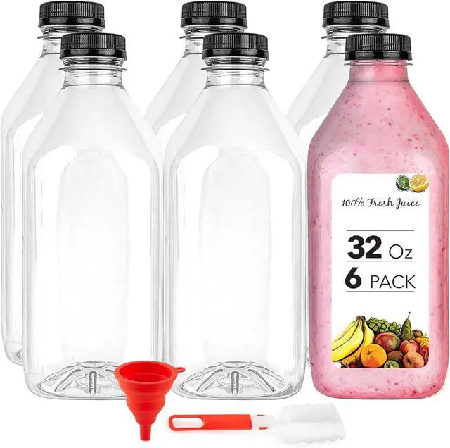 Main image of 32 Oz Juice Bottles with Caps (6 Pack) - Reusable Clear Plastic Drink Containers for Mini Fridge - Water Bottles Bulk - Includes Labels, Brush & Funnel