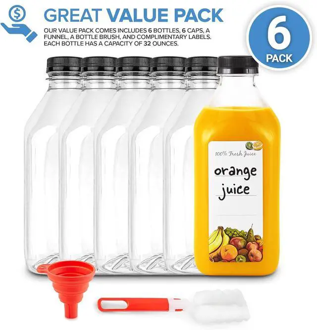 Alt view image 2 of 7 - 32 Oz Juice Bottles with Caps (6 Pack) - Reusable Clear Plastic Drink Containers for Mini Fridge - Water Bottles Bulk - Includes Labels, Brush & Funnel