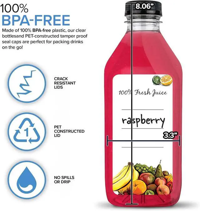 Alt view image 3 of 7 - 32 Oz Juice Bottles with Caps (6 Pack) - Reusable Clear Plastic Drink Containers for Mini Fridge - Water Bottles Bulk - Includes Labels, Brush & Funnel