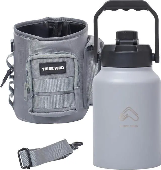 Main image of TRIBE WOD Tactical Water Bottle - 64 oz - Outdoor Military Water Bottles Stainless Steel - Double-Wall Jug with Rugged Strap and Removable Sleeve for Keys, Wallet, Phone (Ash Grey)