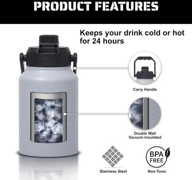 Alt view image 5 of 7 - TRIBE WOD Tactical Water Bottle - 64 oz - Outdoor Military Water Bottles Stainless Steel - Double-Wall Jug with Rugged Strap and Removable Sleeve for Keys, Wallet, Phone (Ash Grey)