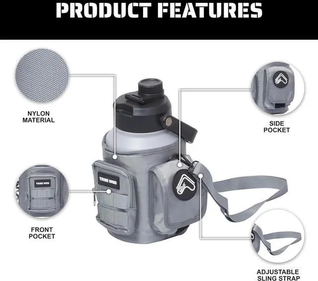 Alt view image 6 of 7 - TRIBE WOD Tactical Water Bottle - 64 oz - Outdoor Military Water Bottles Stainless Steel - Double-Wall Jug with Rugged Strap and Removable Sleeve for Keys, Wallet, Phone (Ash Grey)