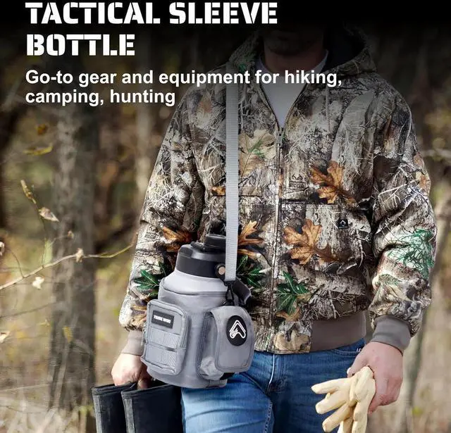 Alt view image 2 of 7 - TRIBE WOD Tactical Water Bottle - 64 oz - Outdoor Military Water Bottles Stainless Steel - Double-Wall Jug with Rugged Strap and Removable Sleeve for Keys, Wallet, Phone (Ash Grey)