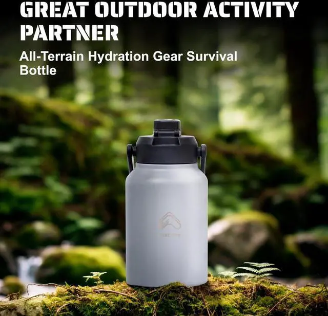 Alt view image 7 of 7 - TRIBE WOD Tactical Water Bottle - 64 oz - Outdoor Military Water Bottles Stainless Steel - Double-Wall Jug with Rugged Strap and Removable Sleeve for Keys, Wallet, Phone (Ash Grey)