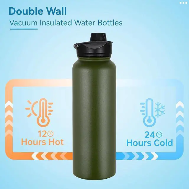 Alt view image 3 of 7 - VEGOND 40 oz Insulated Water Bottle Bulk Stainless Steel Metal Water Bottles with Leak Proof Straw Lid & Spout Lid, Wide Mouth Double Walled Vacuum Travel Sports Bottle, 4 Pack