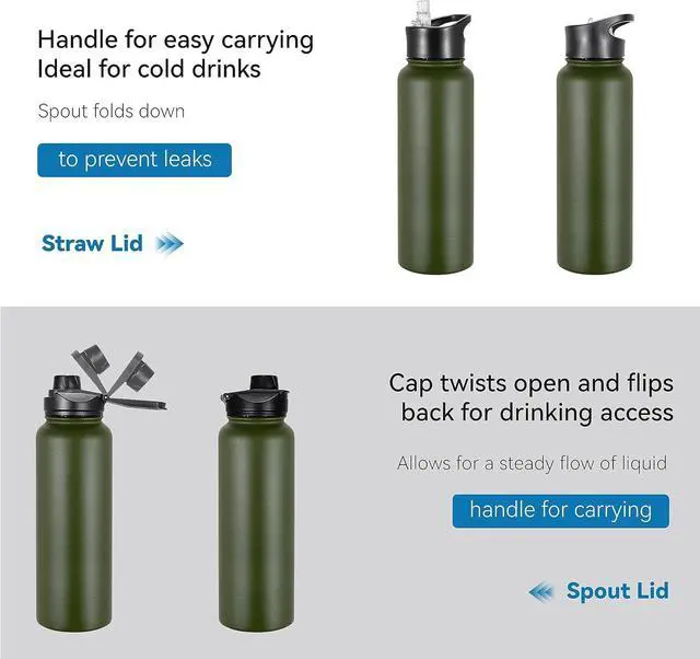 Alt view image 5 of 7 - VEGOND 40 oz Insulated Water Bottle Bulk Stainless Steel Metal Water Bottles with Leak Proof Straw Lid & Spout Lid, Wide Mouth Double Walled Vacuum Travel Sports Bottle, 4 Pack