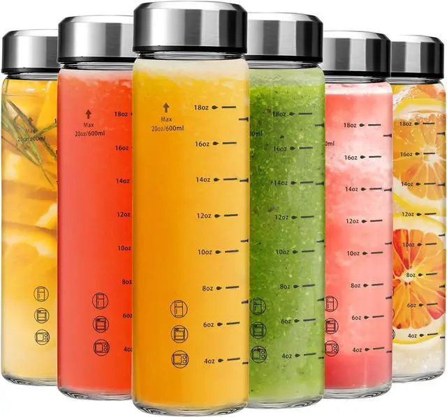 Main image of 20oz Glass Juice Bottles - 6 Pack Wide Mouth Glass Bottles with Lids- BPA Free, Stainless Steel Lids for Juicing, Smoothies, Infused Water, Beverage Storage - Leakproof, Borosilicate, Clear