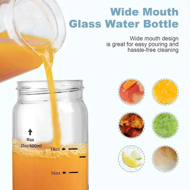 Alt view image 2 of 7 - 20oz Glass Juice Bottles - 6 Pack Wide Mouth Glass Bottles with Lids- BPA Free, Stainless Steel Lids for Juicing, Smoothies, Infused Water, Beverage Storage - Leakproof, Borosilicate, Clear