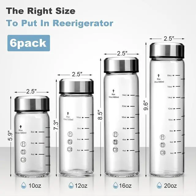 Alt view image 5 of 7 - 20oz Glass Juice Bottles - 6 Pack Wide Mouth Glass Bottles with Lids- BPA Free, Stainless Steel Lids for Juicing, Smoothies, Infused Water, Beverage Storage - Leakproof, Borosilicate, Clear