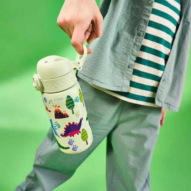 Alt view image 4 of 7 - Ion8 Kids Water Bottle, Steel 400 ml/13 oz, Leak Proof, Easy to Open, Secure Lock, Dishwasher Safe, Flip Cover, Carry Handle, Easy Clean, Durable, Scratch Resistant, Raised Print, Dinosaurs Design