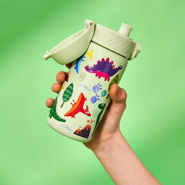 Alt view image 3 of 7 - Ion8 Kids Water Bottle, Steel 400 ml/13 oz, Leak Proof, Easy to Open, Secure Lock, Dishwasher Safe, Flip Cover, Carry Handle, Easy Clean, Durable, Scratch Resistant, Raised Print, Dinosaurs Design