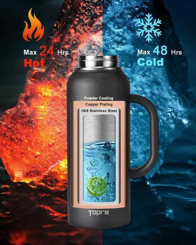 Alt view image 3 of 7 - 40 oz Insulated Water Bottle with Straw and Lid, Food-grade Double Wall Vacuum Stainless Steel Flask with Handle,Leakproof Metal Travel Jug With Carry Pouch and Brush,Keep Cold & Hot,Black