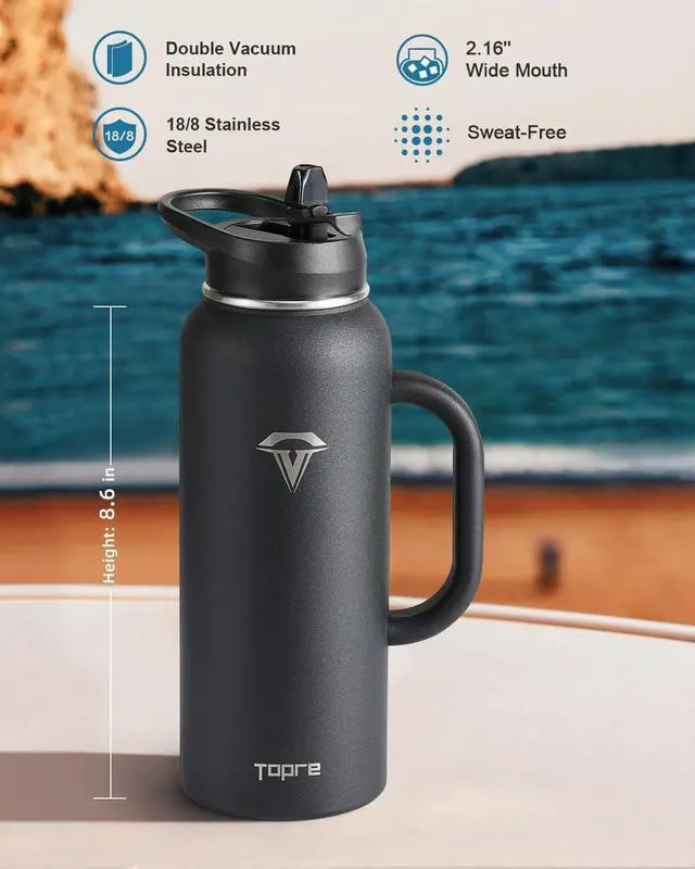 Alt view image 5 of 7 - 40 oz Insulated Water Bottle with Straw and Lid, Food-grade Double Wall Vacuum Stainless Steel Flask with Handle,Leakproof Metal Travel Jug With Carry Pouch and Brush,Keep Cold & Hot,Black