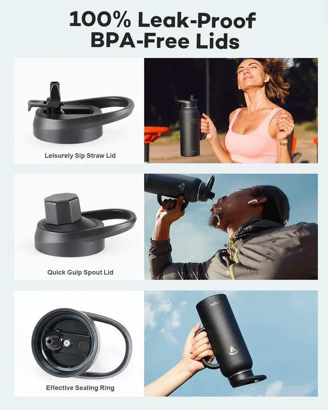 Alt view image 4 of 7 - 40 oz Insulated Water Bottle with Straw and Lid, Food-grade Double Wall Vacuum Stainless Steel Flask with Handle,Leakproof Metal Travel Jug With Carry Pouch and Brush,Keep Cold & Hot,Black