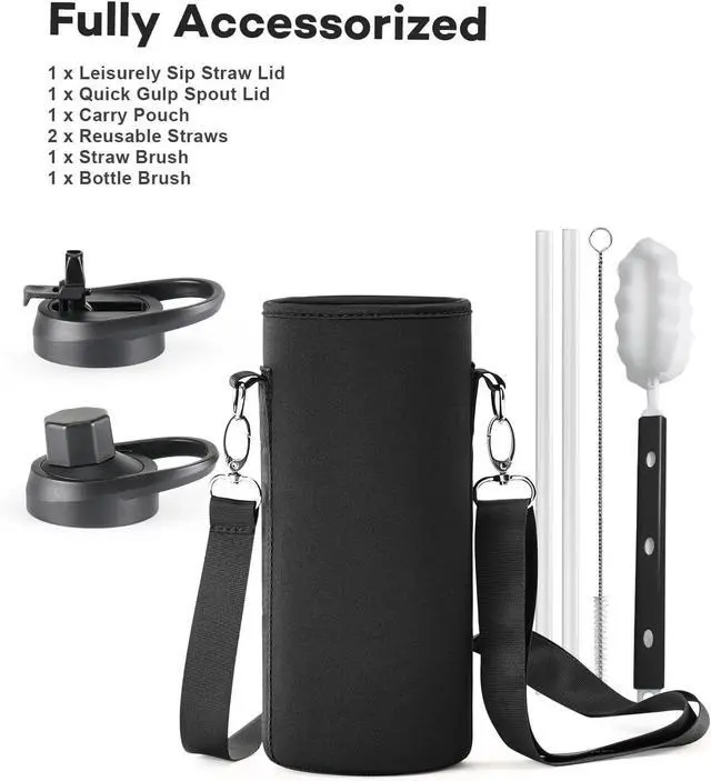 Alt view image 7 of 7 - 40 oz Insulated Water Bottle with Straw and Lid, Food-grade Double Wall Vacuum Stainless Steel Flask with Handle,Leakproof Metal Travel Jug With Carry Pouch and Brush,Keep Cold & Hot,Black