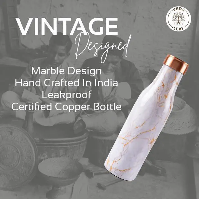Alt view image 3 of 7 - Copper Water Bottle, 950 ML (32.5 Oz) Antique Design, Handcrafted Ayurvedic Copper Water Bottle, Certified Pure Copper Water Bottle Vessel (Vintage Marble)