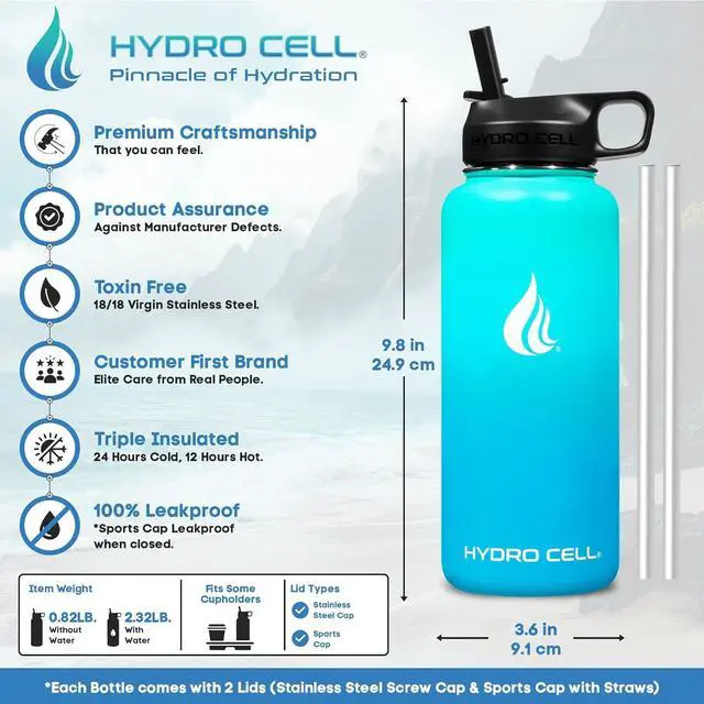 Alt view image 3 of 7 - HYDRO CELL Stainless Steel Insulated Water Bottle with Straw - For Cold & Hot Drinks - Metal Vacuum Flask with Screw Cap and Modern Leakproof Sport Thermos for Kids & Adults (Teal/Blue 32oz)