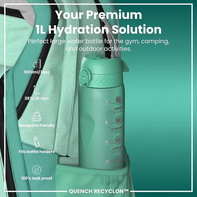 Alt view image 2 of 7 - Ion8 1 Litre Water Bottle with Times to Drink, Leak Proof, Flip Lid, Carry Handle, Dishwasher Safe, BPA Free, Soft Touch Contoured Grip, Ideal for Gym, Health and Fitness, 32 oz, Teal