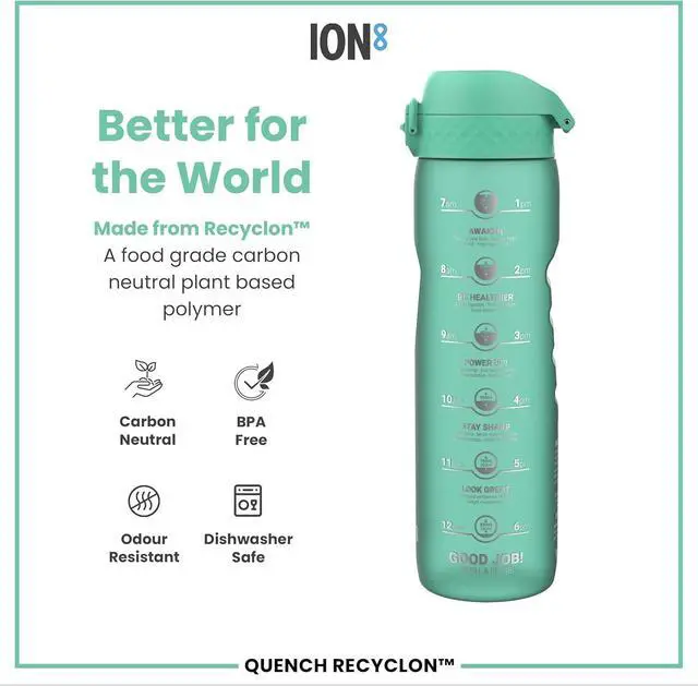Alt view image 5 of 7 - Ion8 1 Litre Water Bottle with Times to Drink, Leak Proof, Flip Lid, Carry Handle, Dishwasher Safe, BPA Free, Soft Touch Contoured Grip, Ideal for Gym, Health and Fitness, 32 oz, Teal