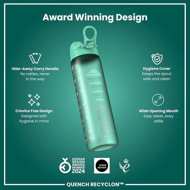 Alt view image 6 of 7 - Ion8 1 Litre Water Bottle with Times to Drink, Leak Proof, Flip Lid, Carry Handle, Dishwasher Safe, BPA Free, Soft Touch Contoured Grip, Ideal for Gym, Health and Fitness, 32 oz, Teal