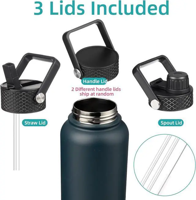 Alt view image 3 of 7 - 40oz Insulated Water Bottle Stainless Steel Sport Bottles with 3 Lids,Navy Blue