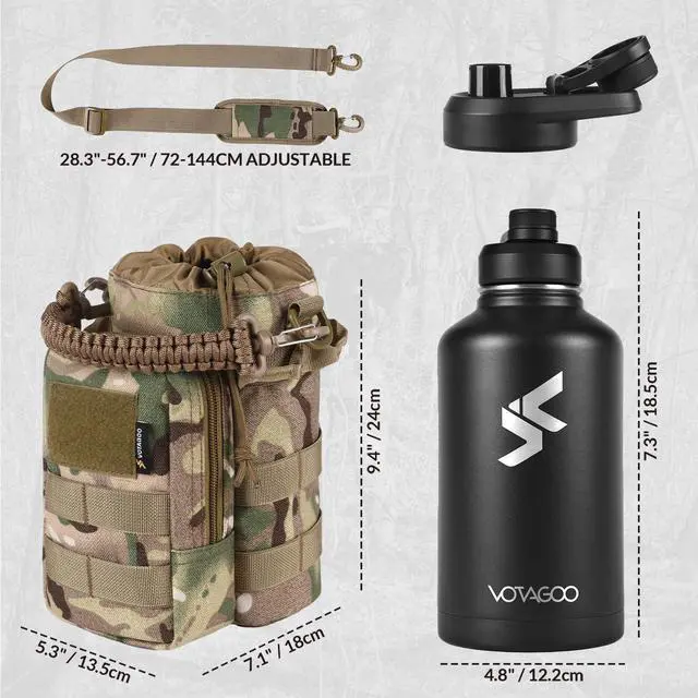 Alt view image 3 of 7 - 64Oz Tactical Water Bottle - Half Gallon Stainless Steel Insulated Water Bottle, Metal Military Water Bottle with Rugged, Removable Sleeve Tactical Carrier Bag for Hiking Camping Hunting (CP)