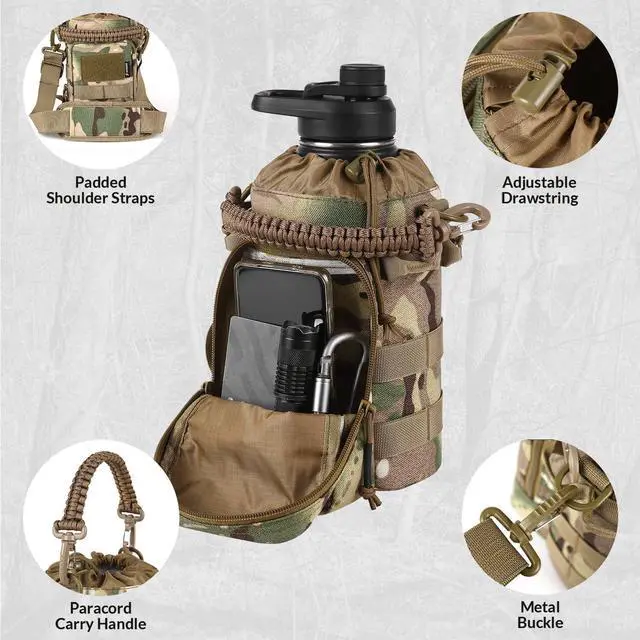 Alt view image 5 of 7 - 64Oz Tactical Water Bottle - Half Gallon Stainless Steel Insulated Water Bottle, Metal Military Water Bottle with Rugged, Removable Sleeve Tactical Carrier Bag for Hiking Camping Hunting (CP)