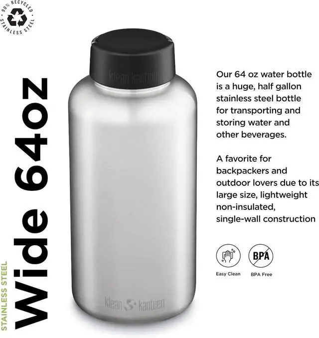 Alt view image 3 of 7 - Klean Kanteen Wide Mouth Single Wall Stainless Steel Water Bottle (w/Wide Loop Cap) - 64oz - Brushed Stainless
