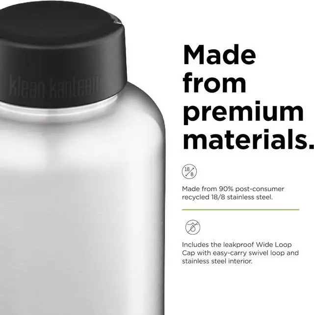 Alt view image 5 of 7 - Klean Kanteen Wide Mouth Single Wall Stainless Steel Water Bottle (w/Wide Loop Cap) - 64oz - Brushed Stainless