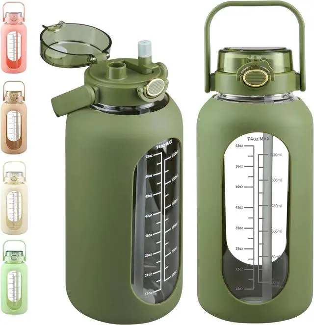 Main image of SIEROZUR 74oz Glass Water Bottle with Straw and Lid Large Gallon Water Jug with Silicone Sleeve and Handle 2.2 liter Wide Mouth Bottle with Time Marker for Gym Sports& Workout