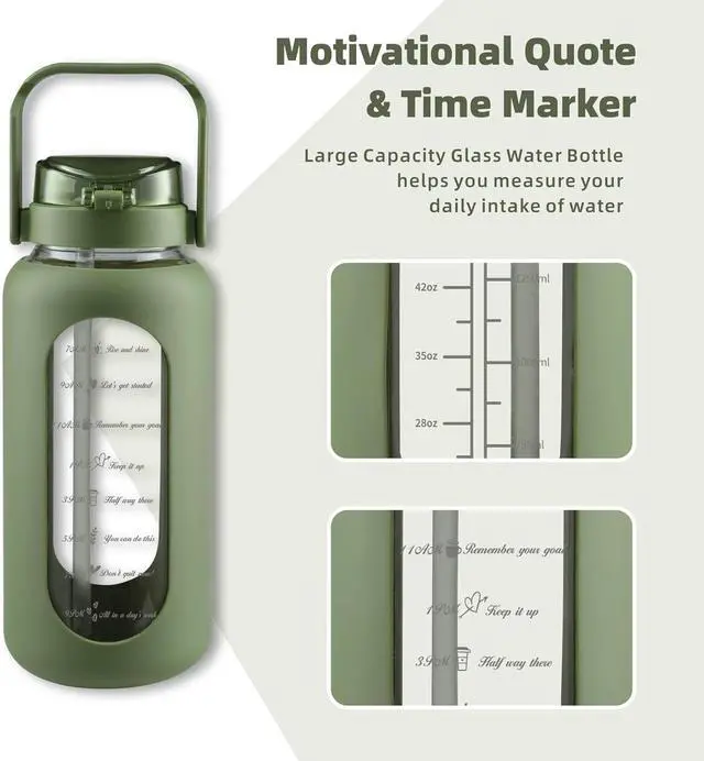 Alt view image 4 of 6 - SIEROZUR 74oz Glass Water Bottle with Straw and Lid Large Gallon Water Jug with Silicone Sleeve and Handle 2.2 liter Wide Mouth Bottle with Time Marker for Gym Sports& Workout