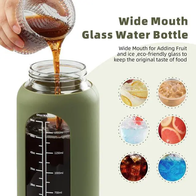 Alt view image 5 of 6 - SIEROZUR 74oz Glass Water Bottle with Straw and Lid Large Gallon Water Jug with Silicone Sleeve and Handle 2.2 liter Wide Mouth Bottle with Time Marker for Gym Sports& Workout
