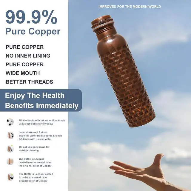 Alt view image 5 of 7 - Craft Trade Diamond Copper Bottle with Lid and Carry Bag for Drinking Water BPA Free Leak Proof Boosts Immunity, Supports Digestive, Ayurveda Inspired 34oz - 1 Litre Black