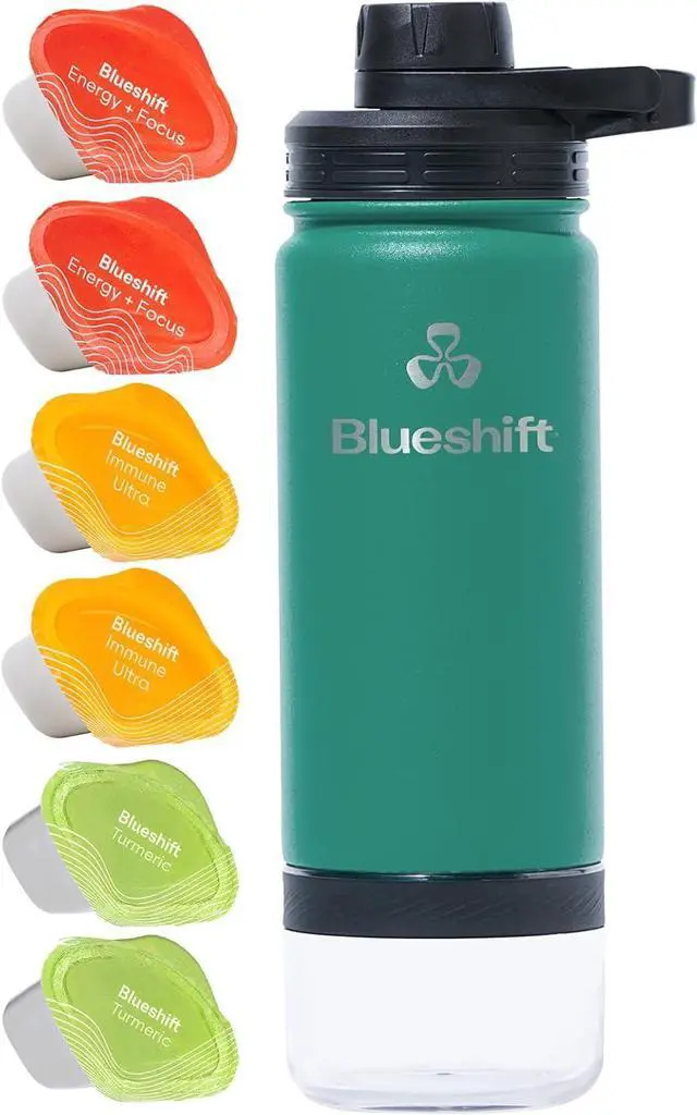 Main image of 18 oz Stainless Steel Water Bottle - Insulated Shaker Bottle, Protein Shaker Bottle, Metal Shaker Cup for Protein Shakes w/Ball & 6 Superblend Supplements - 18 oz Kale Green Bottle + 6 Pods