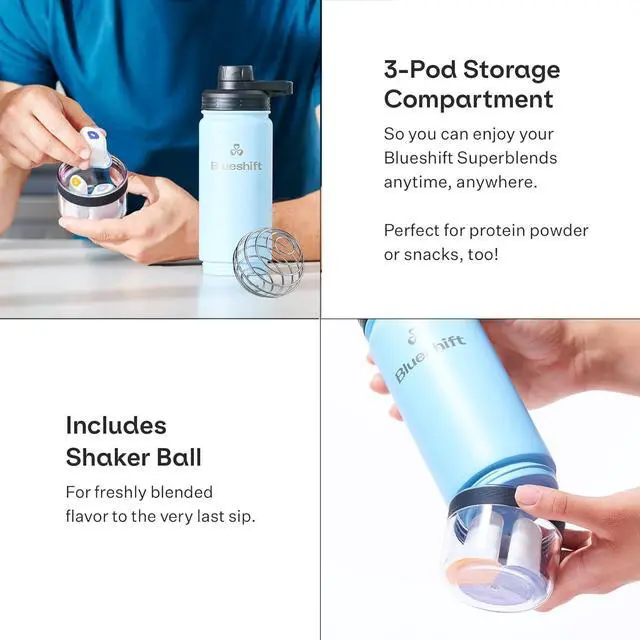 Alt view image 4 of 7 - 18 oz Stainless Steel Water Bottle - Insulated Shaker Bottle, Protein Shaker Bottle, Metal Shaker Cup for Protein Shakes w/Ball & 6 Superblend Supplements - 18 oz Kale Green Bottle + 6 Pods